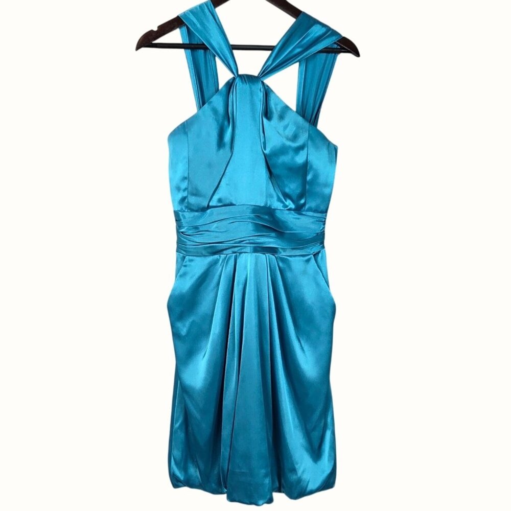 David's Bridal 84177 Y Neck Charmeuse Teal Blue Satin Bubble Hem Dress Size 2